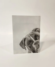 Load image into Gallery viewer, Boxer dog head in the bottom corner of a card looking straight with tilted head
