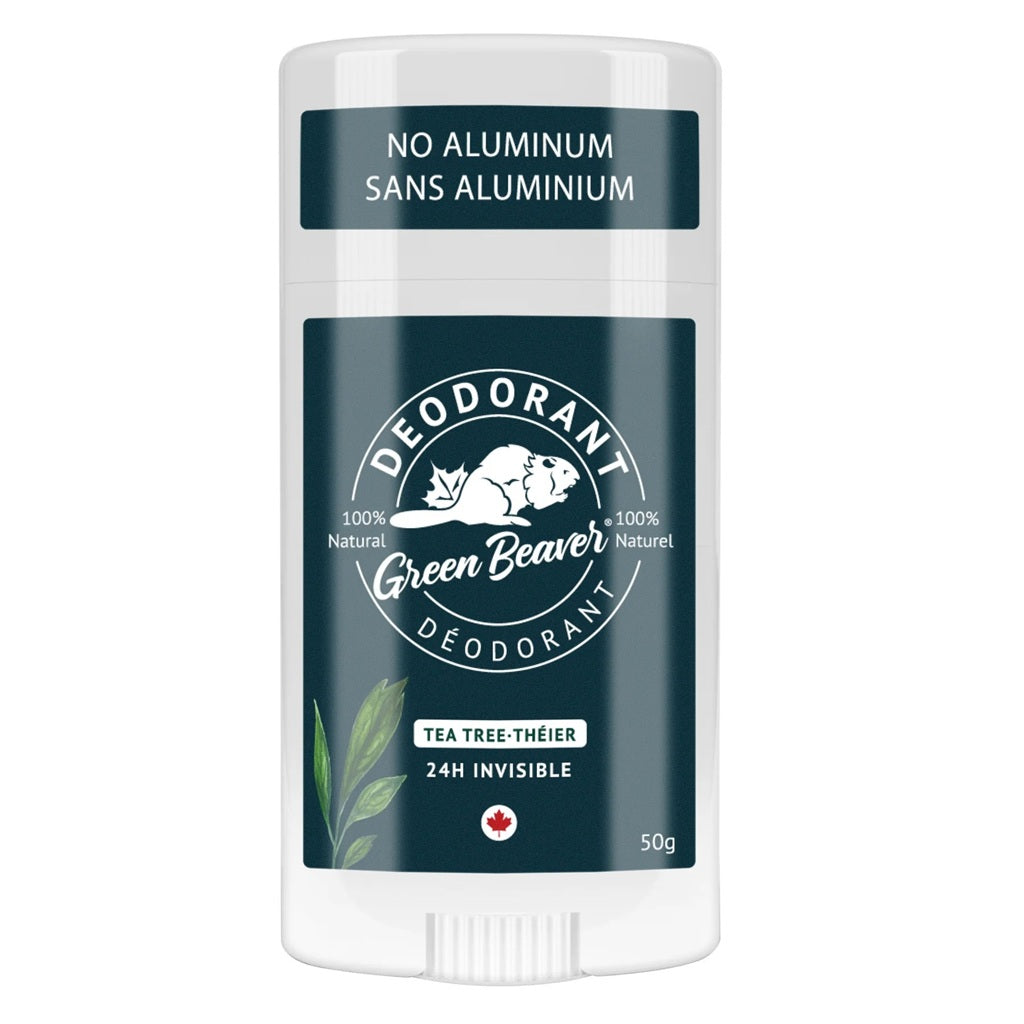 Green Beaver deodorant stick with tea tree scent on a white background