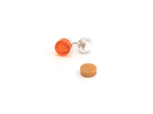 Load image into Gallery viewer, Dangle Sterling Silver Brick Earrings with one red and one orange brick
