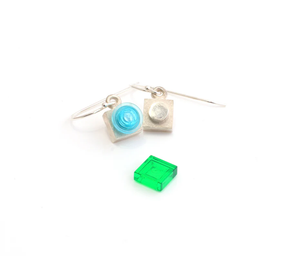  Dangle Sterling Silver Brick Earrings with one green and one blue brick