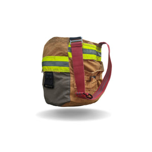 Fire Tote bag made from decommissioned fire gear, side view