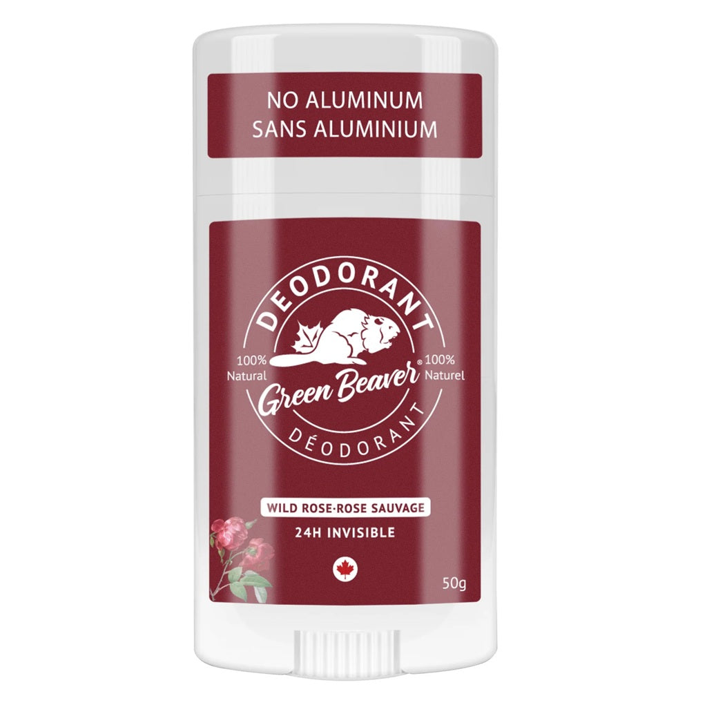 Green Beaver deodorant stick with maroon label on a white background