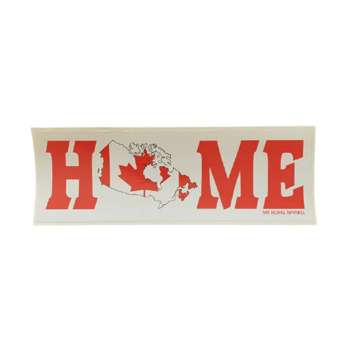 white rectangular sticker with red print and picture of map of Canada and  red maple leaf as the o in the word Home