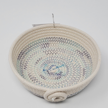 Load image into Gallery viewer, top view of rope bowl with coloured stitching
