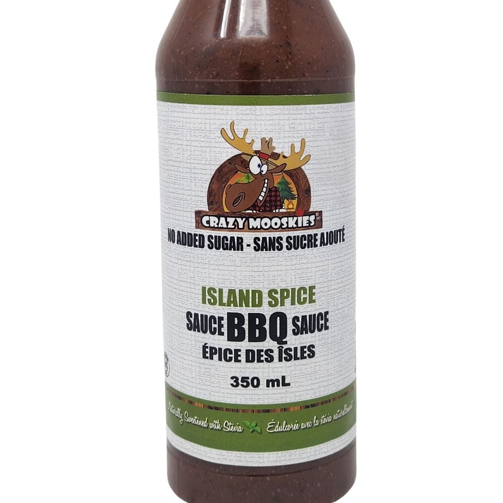 Bottle of Crazy Mooskies Island Spice BBQ Sauce on a white background