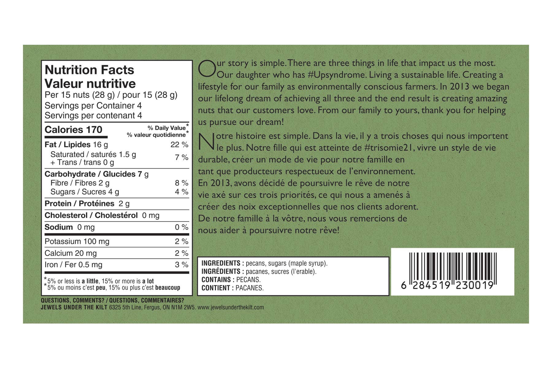 back of green box with white print and yellow stripe down one edge showing nutritional values