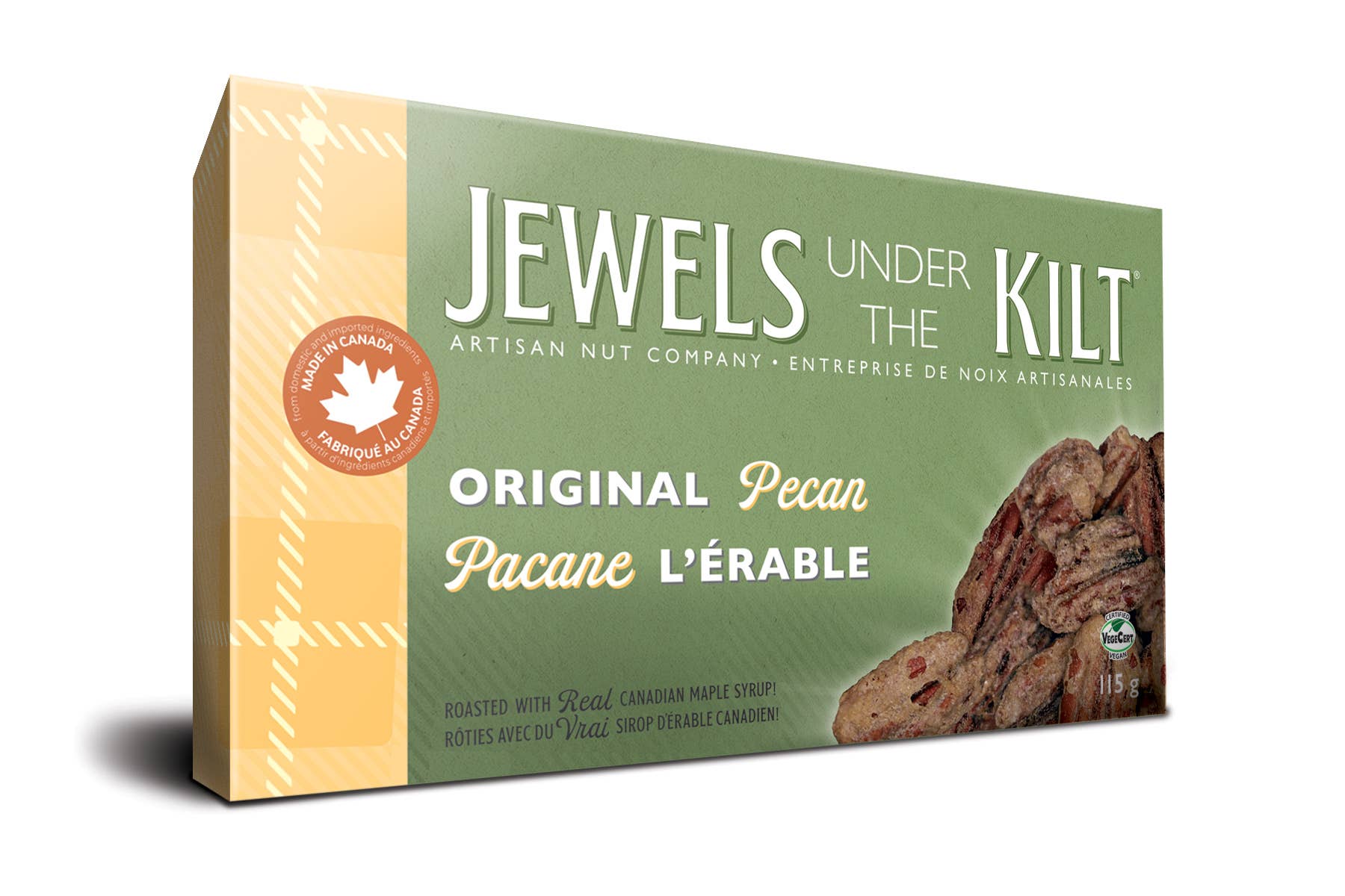 green box with white print and yellow stripe down one edge with picture of nuts