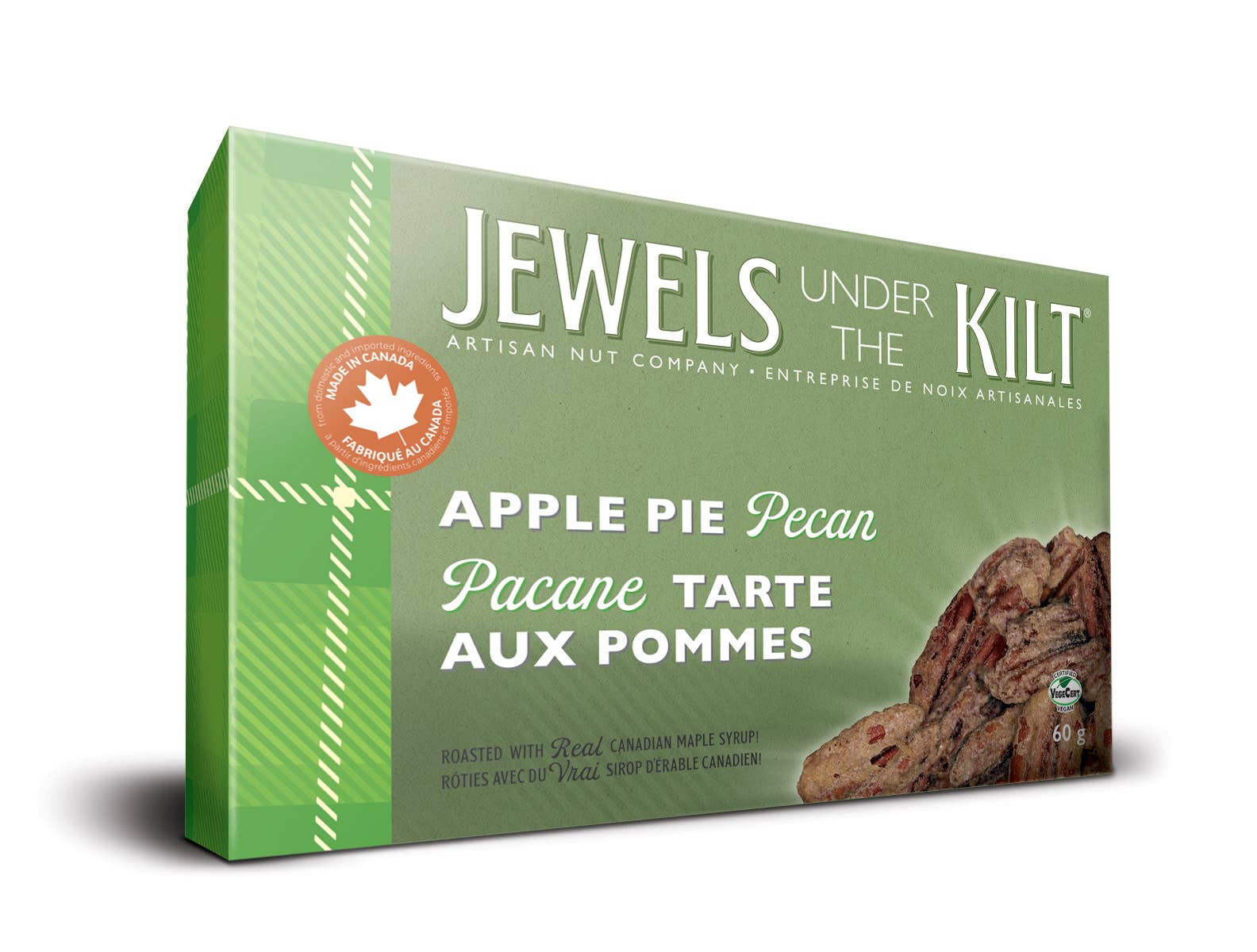 green box with white print and picture of pecans in the bottom right corner