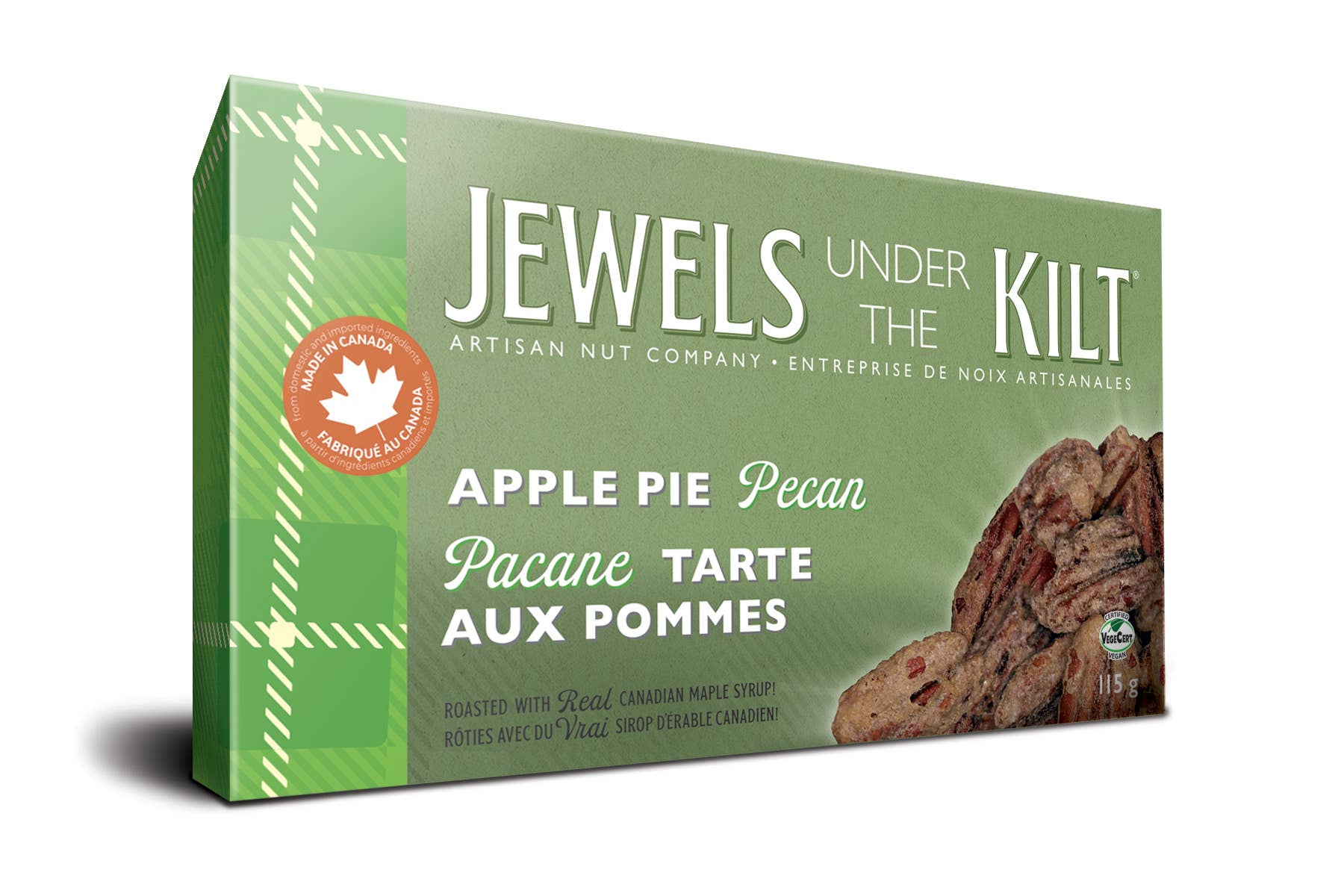 green box with white print and picture of pecans in the bottom right corner
