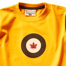 Load image into Gallery viewer, yellow t shirt up close with dark blue circle white centre and red maple leaf
