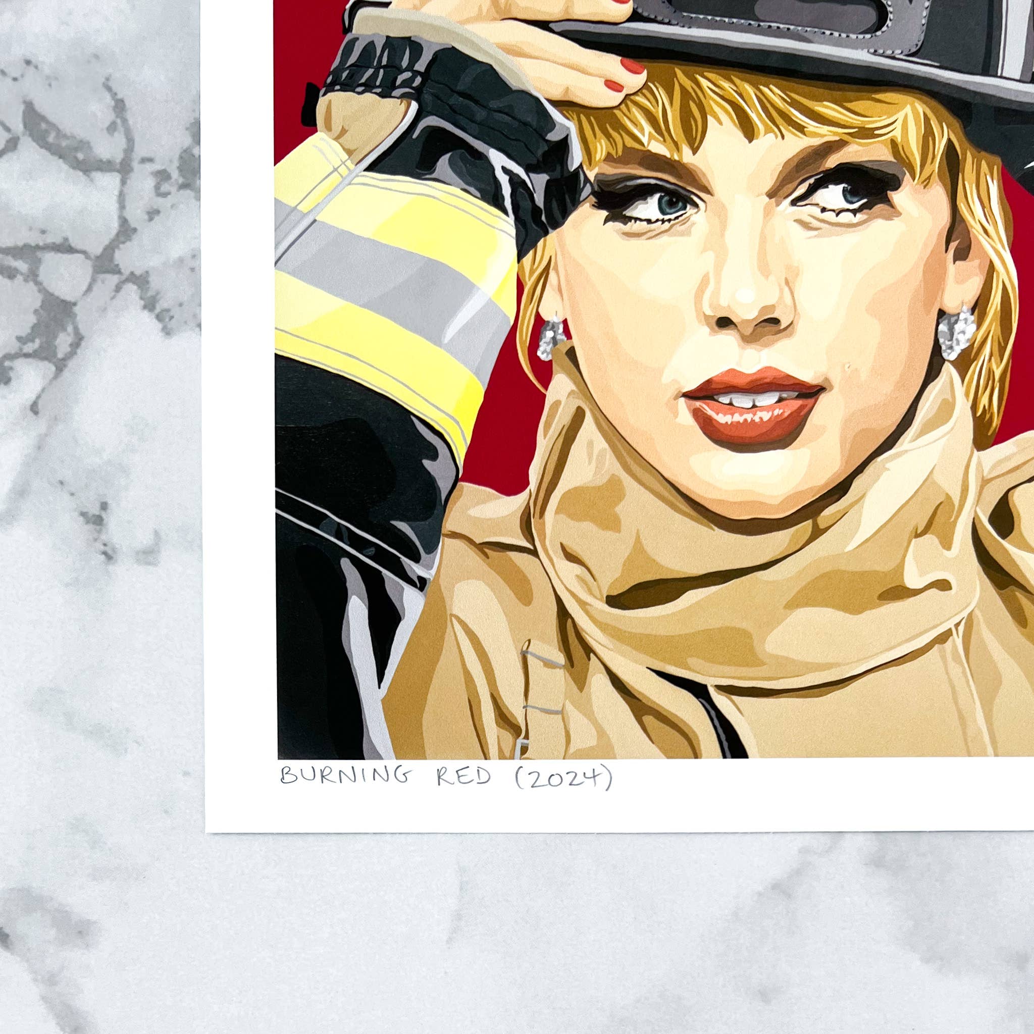  8x8 Taylor Swift pop art style print  in firefighter uniform