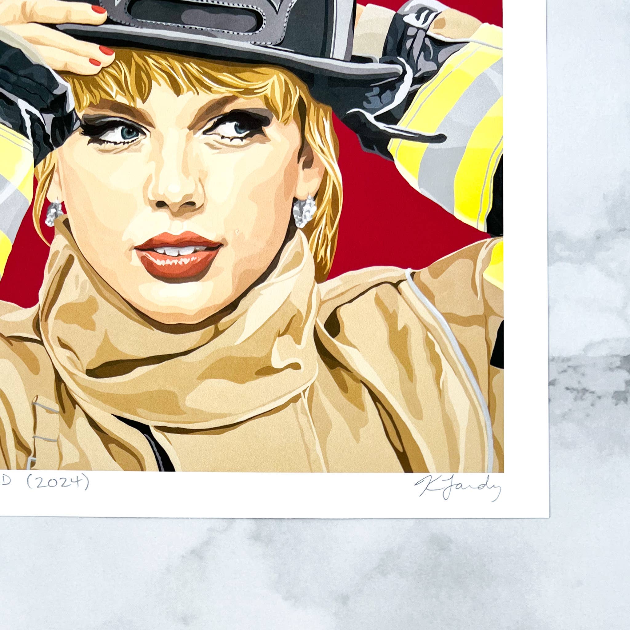 8x8  Taylor Swift pop art style print in firefighter uniform