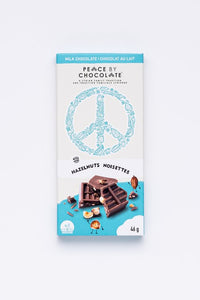 chocolate bar in a light blue & white wrapper with a peace symbol on it