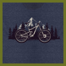 Load image into Gallery viewer, close up of screen printed black &amp; white mountain bike in the foreground with trees &amp; mountain 
