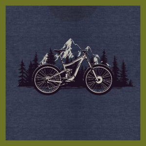 close up of screen printed black & white mountain bike in the foreground with trees & mountain 