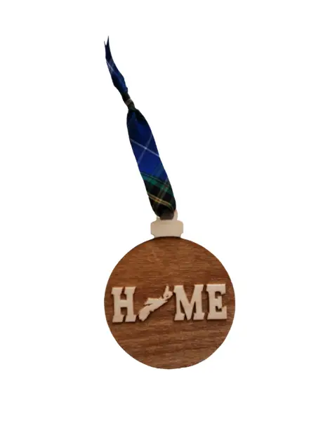 round Ornament HOME Wooden Ornaments with blue ribbon