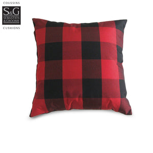 black and red plaid throw cushion - red is the base - black large stipes