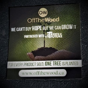Off the Wood Partners with Trees for the Future card with hand holding dirt and small tree