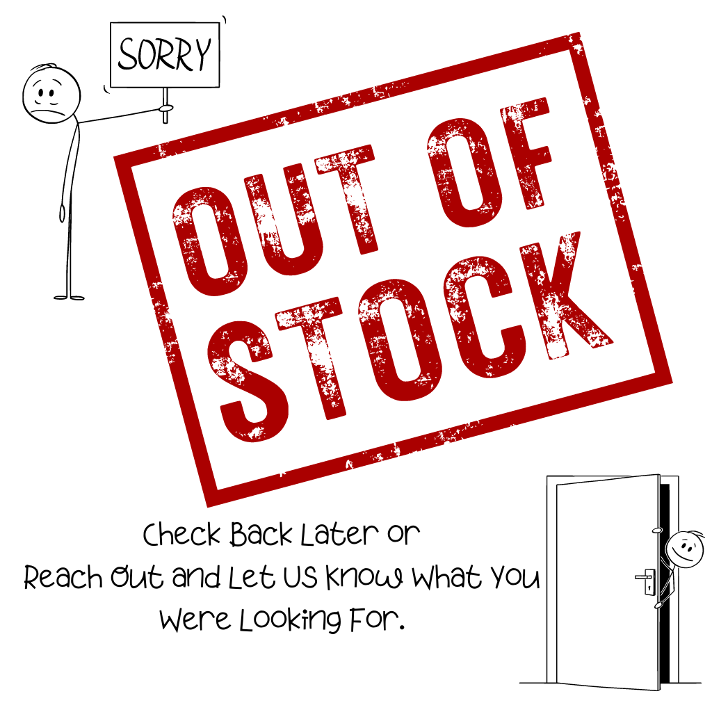 Cartoon illustration of a 'Out of Stock' sign with a stick figure and open door.