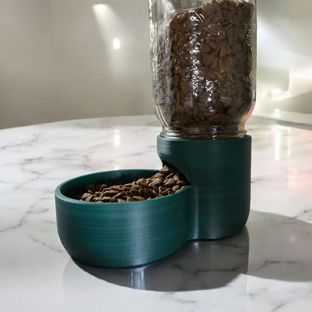 automatic mason jar pet food dispenser green bowl attachment on a marble counter