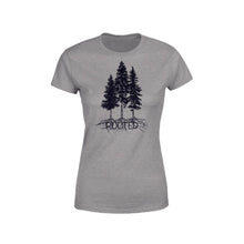 Load image into Gallery viewer, grey T-Shirt with black screen print of trees and deep roots with the word ROOTED at the bottom
