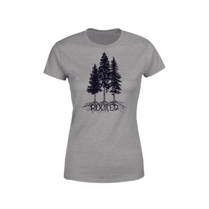 grey T-Shirt with black screen print of trees and deep roots with the word ROOTED at the bottom
