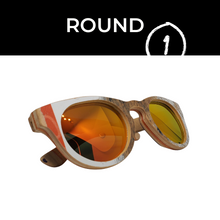 Load image into Gallery viewer, Wooden sunglasses with orange tint to lens, on white background with black bar across the top 
