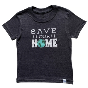 grey t shirt with save our home written on it and the o is a picture of the world