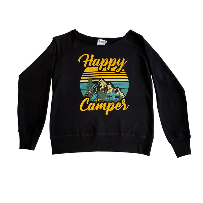 dark colour with yellow and blue print saying happy camper circle with mountains inside