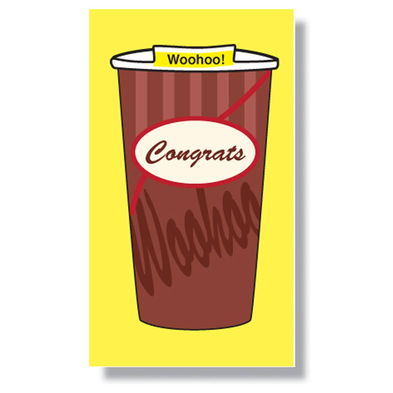 Congrats Cup Mini Enclosure Card with brown coffee cup red writing and yellow background