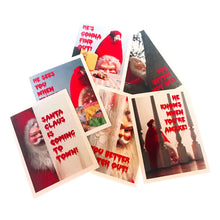 Load image into Gallery viewer, Creepy Santa Assorted cards scattered in a pile-white card red writing
