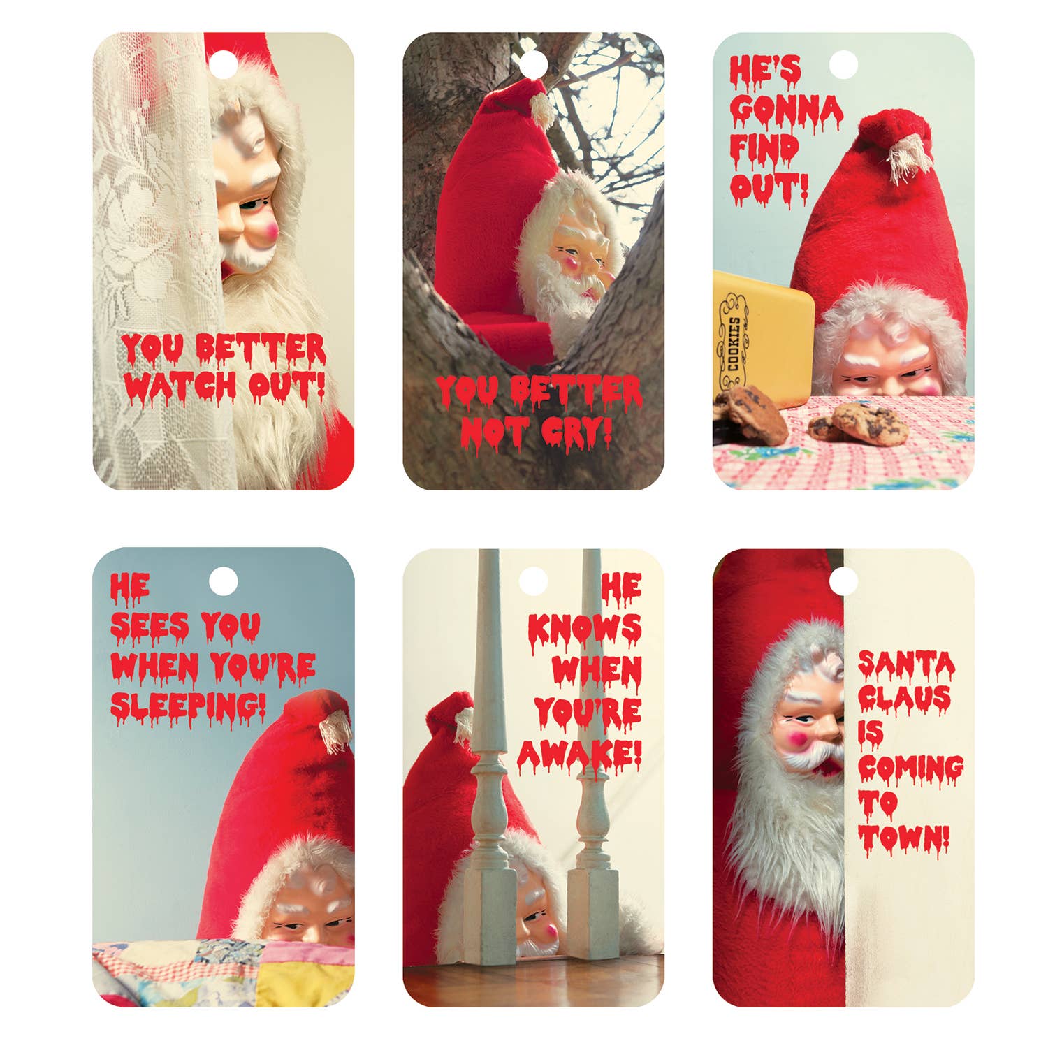 6 different gift tags with a retro Creepy Santa and red writing
