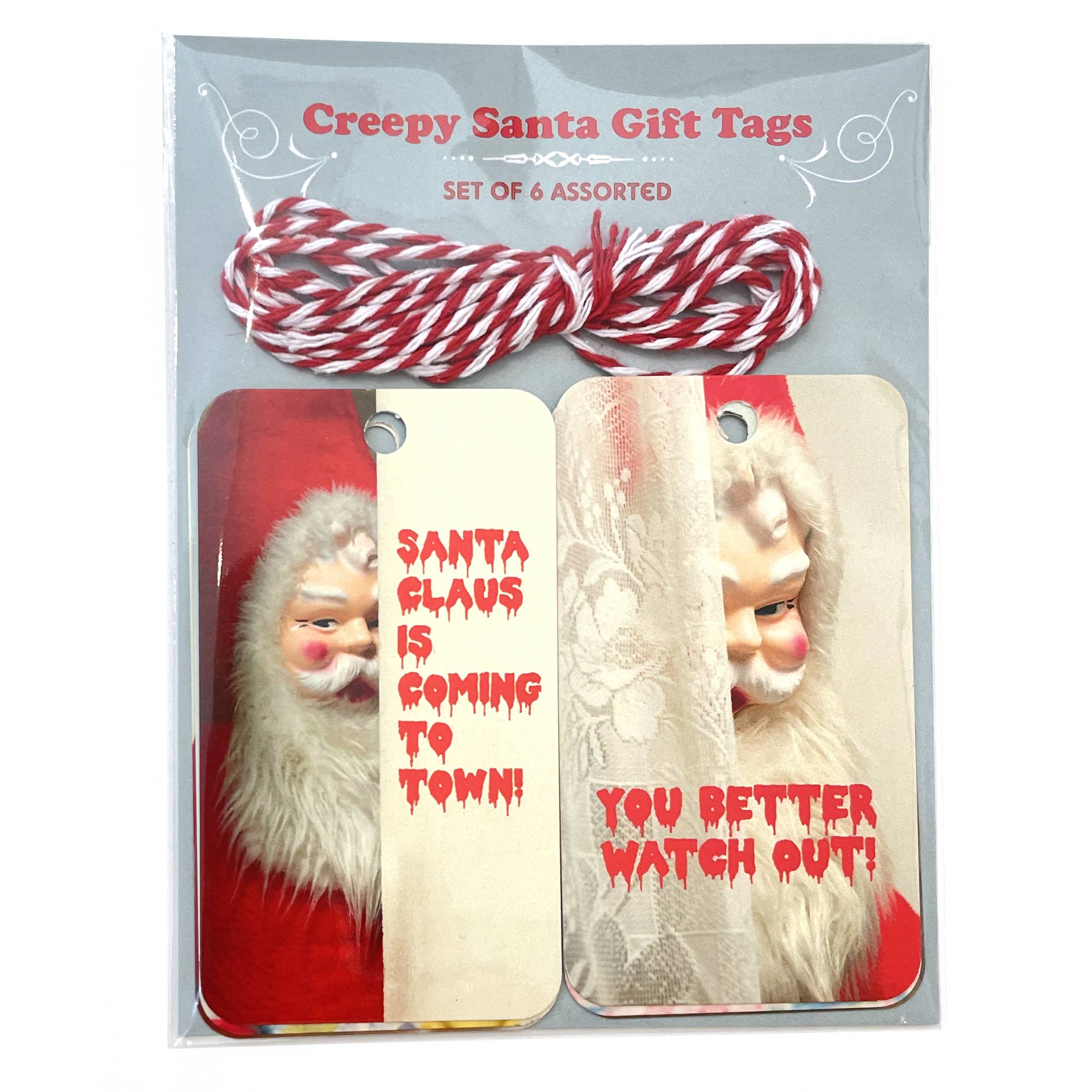 Creepy Santa Gift Tags in set of 6 showing the red & white strings