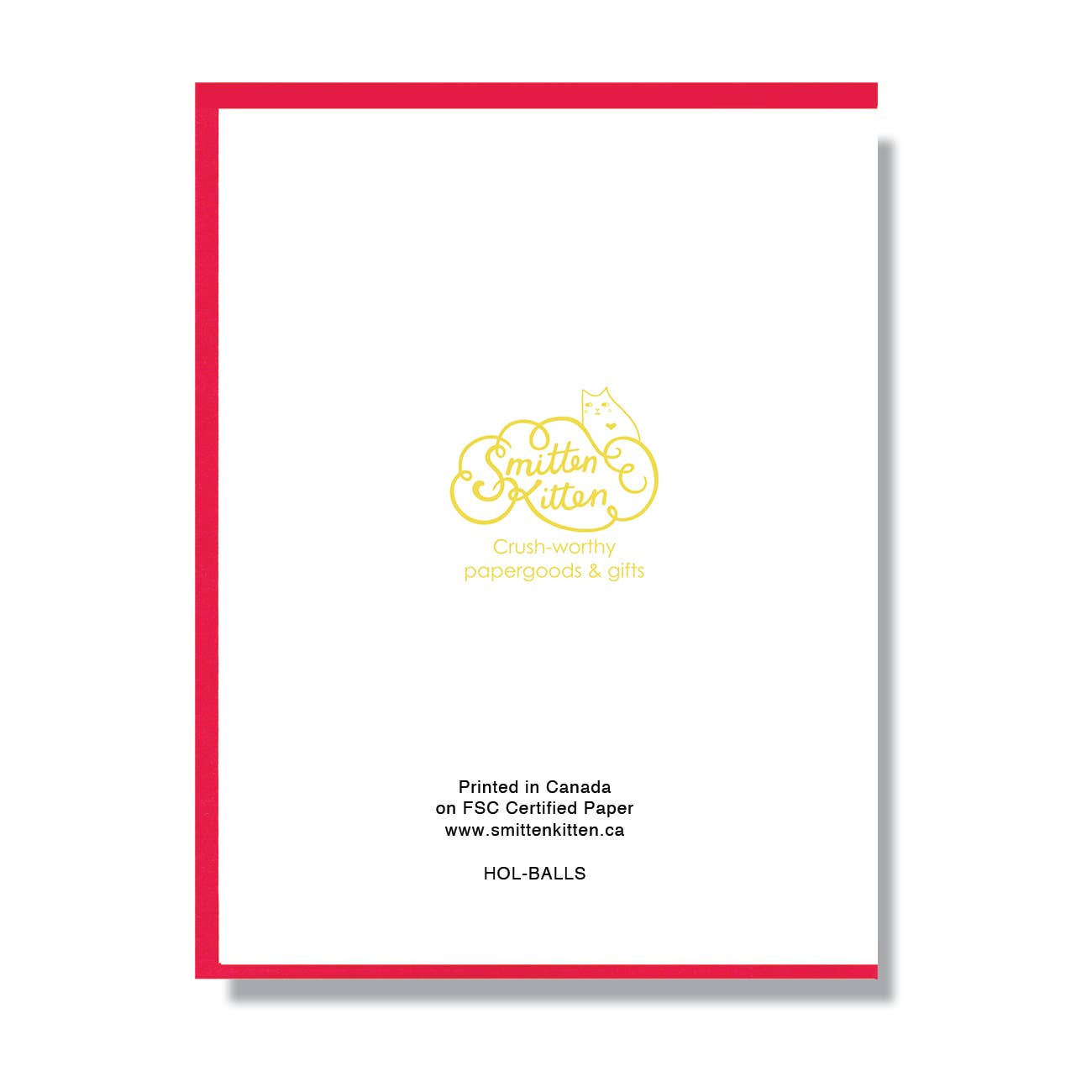 back of white card with print centered at the bottom