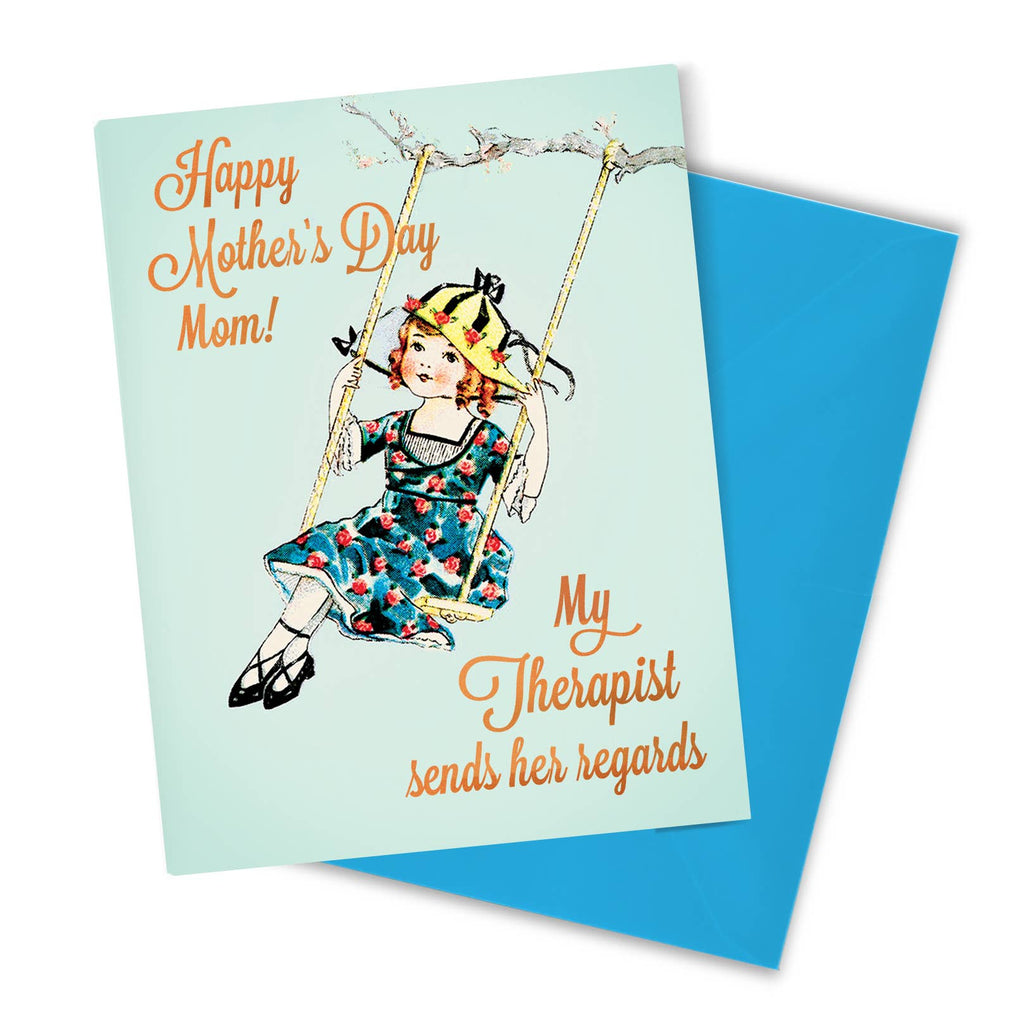 retro picture of a little girl in a blue flowered dress swinging on a swing hanging from a branch 