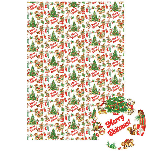  Merry Shitmas! repeated pattern on Gift Wrapping Paper with a retro themed Christmas tree and bears