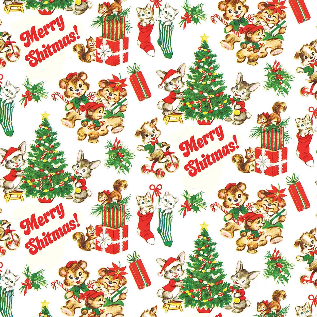  Merry Shitmas! Gift Wrapping Paper up close view- repeated pattern of retro bears Christmas trees