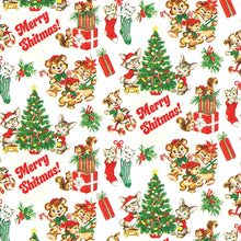 Load image into Gallery viewer,  Merry Shitmas! Gift Wrapping Paper up close view- repeated pattern of retro bears Christmas trees
