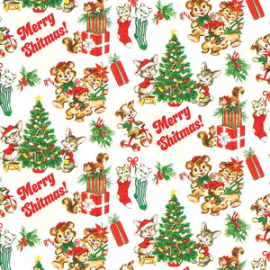  Merry Shitmas! Gift Wrapping Paper up close view- repeated pattern of retro bears Christmas trees