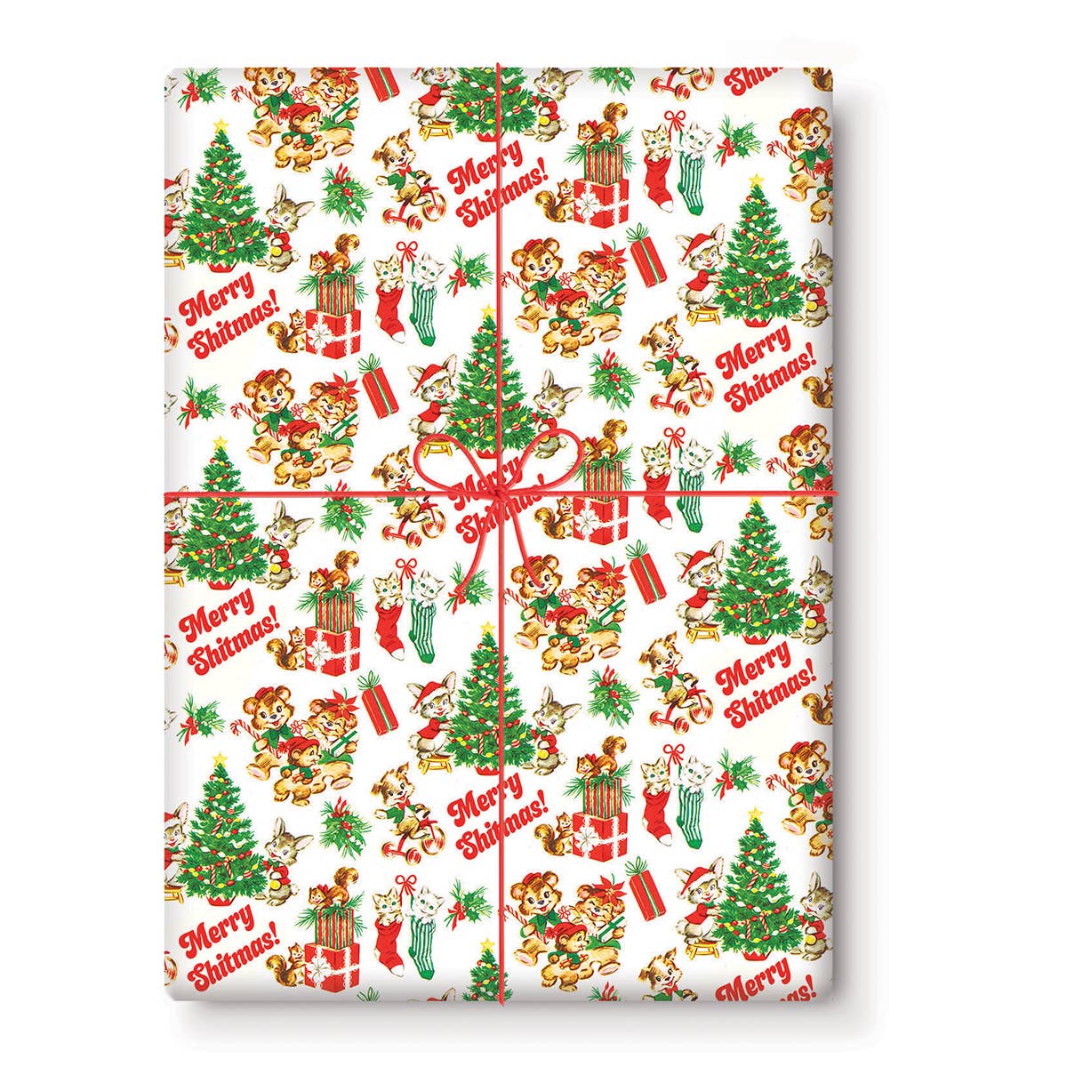 Merry Shitmas! Gift Wrapping Paper up close view- repeated pattern of retro bears Christmas trees