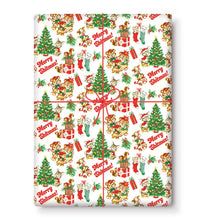 Load image into Gallery viewer, Merry Shitmas! Gift Wrapping Paper up close view- repeated pattern of retro bears Christmas trees
