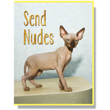 Load image into Gallery viewer, front of card with a hairless cat standing - with gold print
