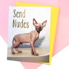 Load image into Gallery viewer, front of card with a hairless cat standing - with gold print
