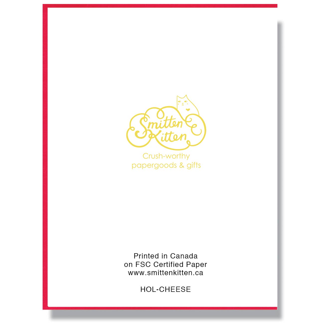 back of white card with gold and black print