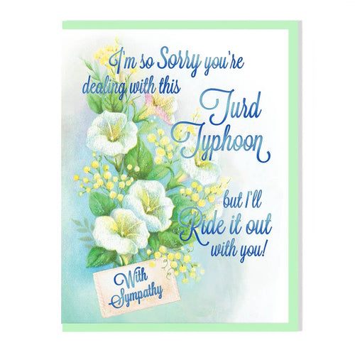 white card with white yellow & green flowers Blue metallic print