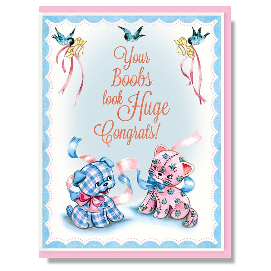  blue dog pink cat ribbons and bluebirds blue scalloped design around edges