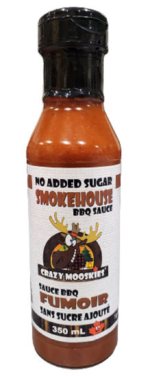 white label with brown and black print and cartoon picture of a Moose head on a full bottle of sauce