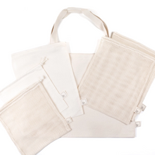 Load image into Gallery viewer, Bags - one large cotton tote bag and 3 mesh and 2 muslin market bags of various sizes
