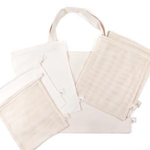 Bags - one large cotton tote bag and 3 mesh and 2 muslin market bags of various sizes