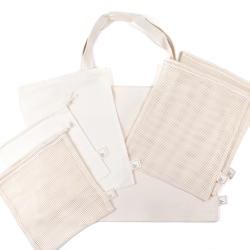 picture of natural coloured mesh and muslin produce bags on a white background